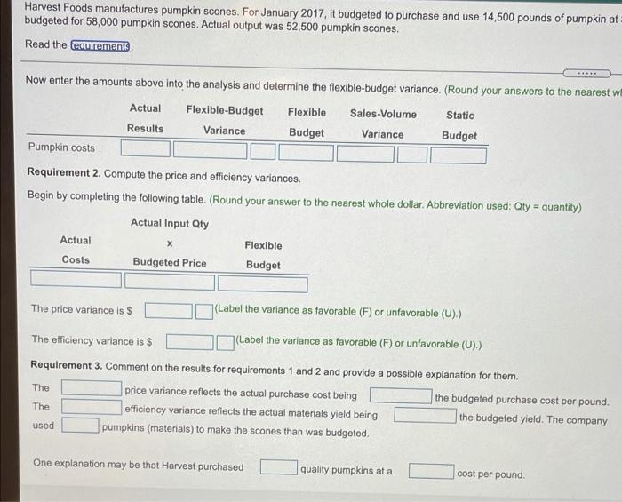 fequirements Requirement 1. Compute the flexible-budget variance. Let's begin by determining the