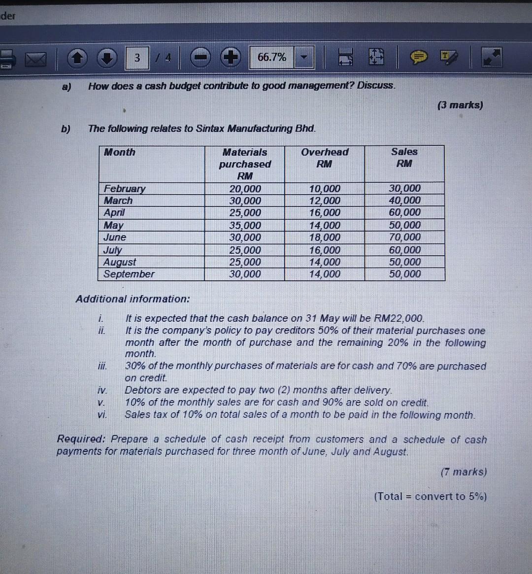  der 3 4 66.7% TH a) How does a cash budget