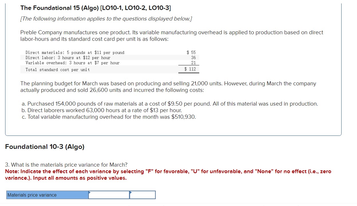 the effect of each variance by selecting "F" for favorable, "U" for