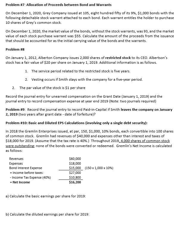  Problem #7: Allocation of Proceeds between Bond and Warrants On December