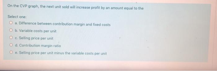  On the CVP graph, the next unit sold will increase profit