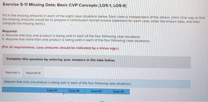  Exercise 5-11 Missing Data; Basic CVP Concepts (L05-1, LO5-9) Fill in