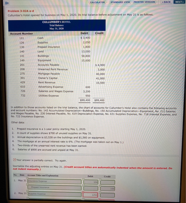  CALCULATOR STANDARD VIEW PRINTER VERSION BACK NEXT Problem 3-02A a-d Cullumber's