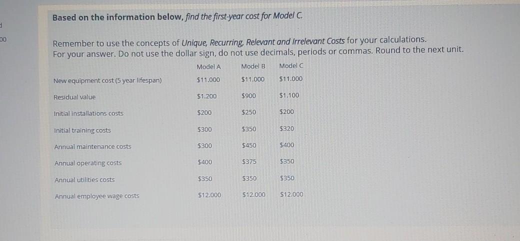  Based on the information below, find the first-year cost for Model