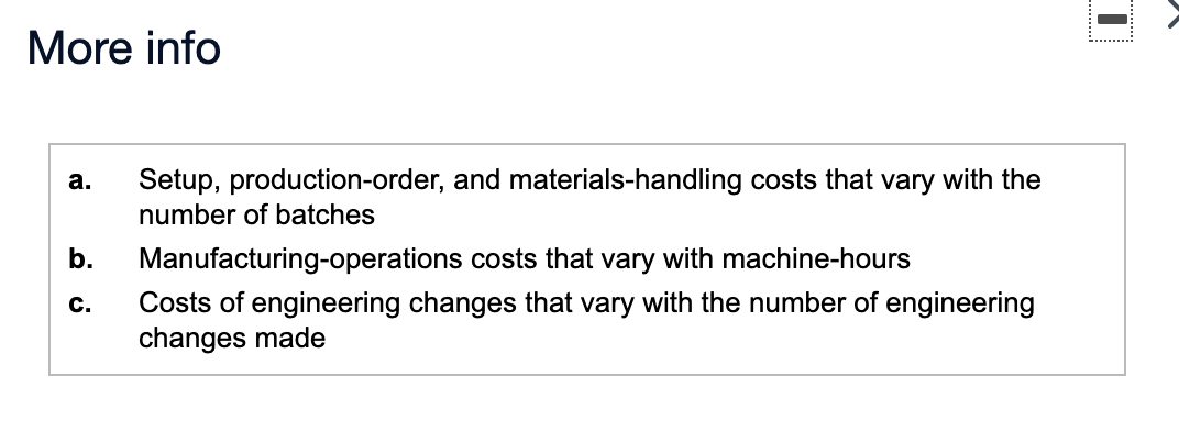 (direct materials) and three indirect-cost categories: (Click the icon to view the