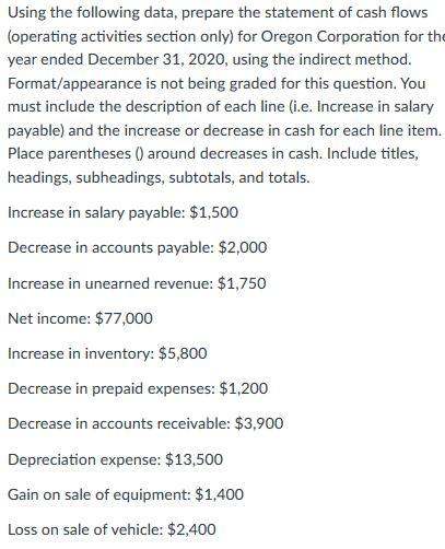 Using the following data, prepare the statement of cash flows (operating