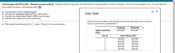 please help. All techniques with NPV profile - Mutually exclusive projects Projects