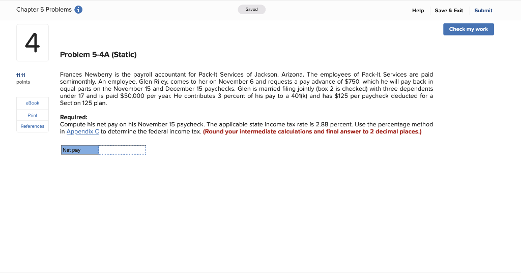 Chapter 5 Problems a Saved Help Save & Exit Submit Check