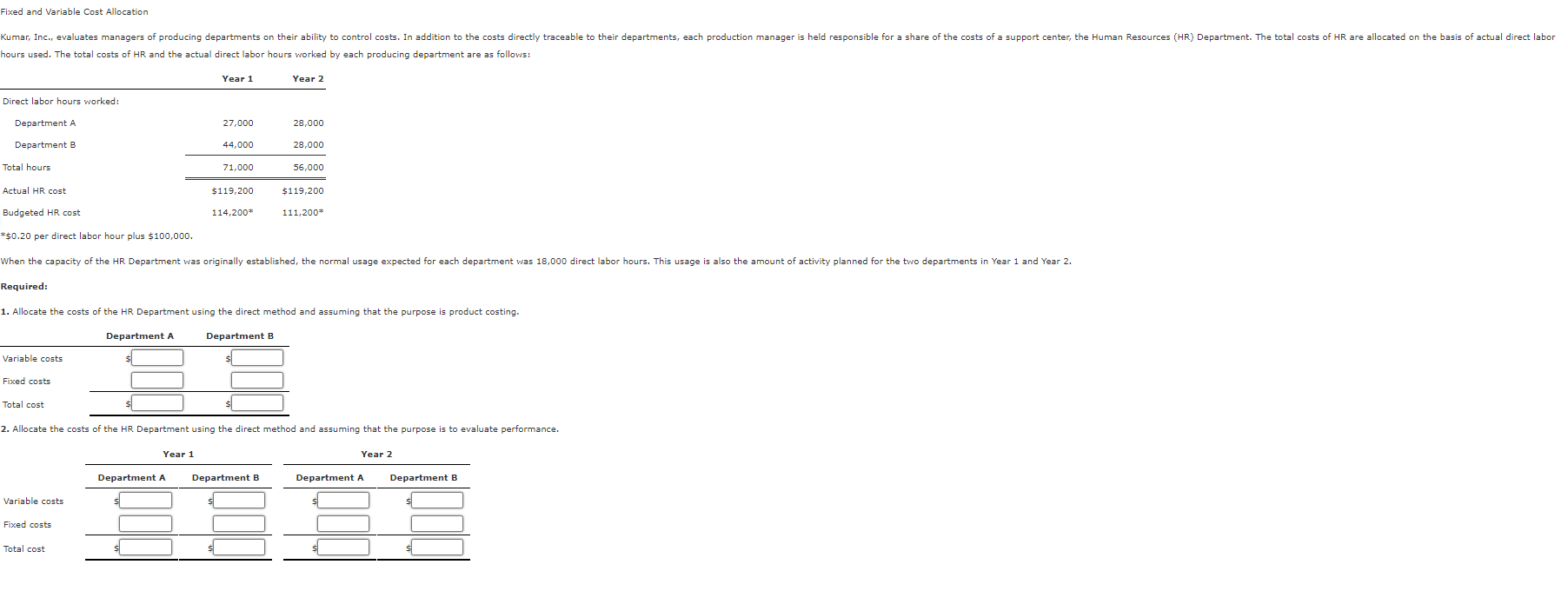  Fixed and Variable Cost Allocation Kumar, Inc., evaluates managers of producing