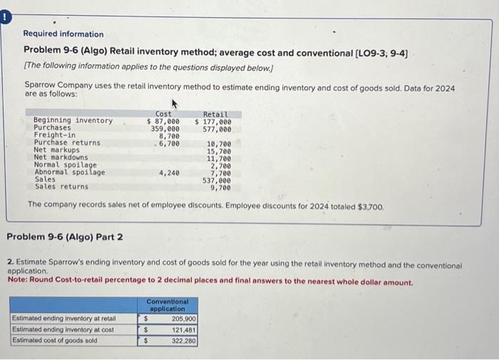 first one is right. nect two are wrong Problem 9-6 (Algo) Retail