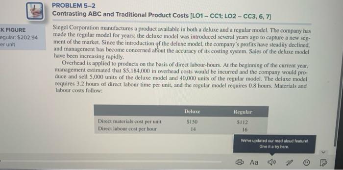  K FIGURE egular: $202.94 er unit PROBLEM 5-2 Contrasting ABC and