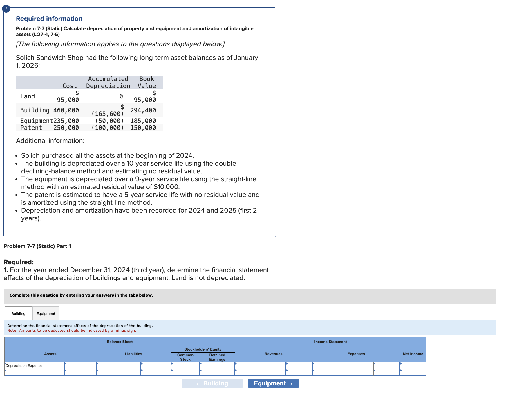  Required information Required information Problem 7-7(Static) Calculate depreciation of property and