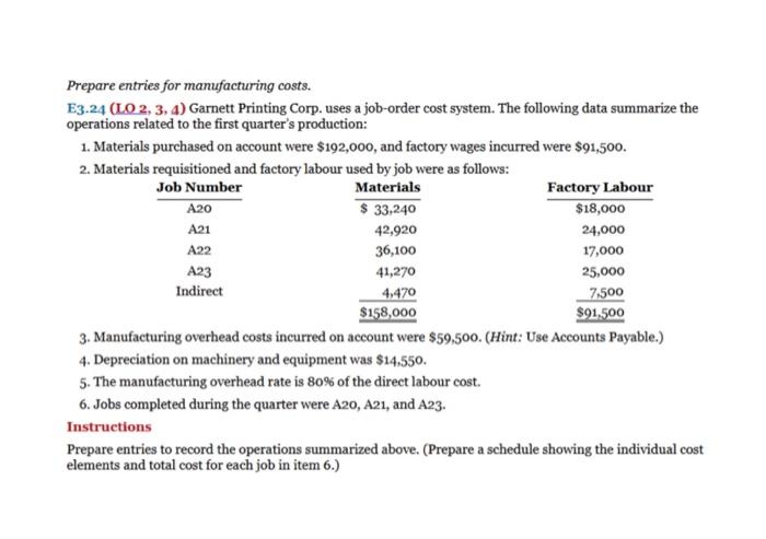  Prepare entries for manufacturing costs. E3.24 (LO 2, 3, 4) Garnett