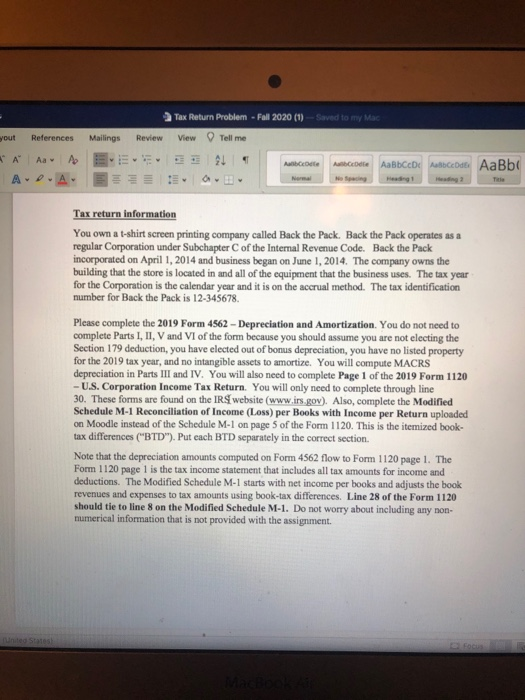  Tax Return Problem - Fall 2020 (1) Saved to my Mac