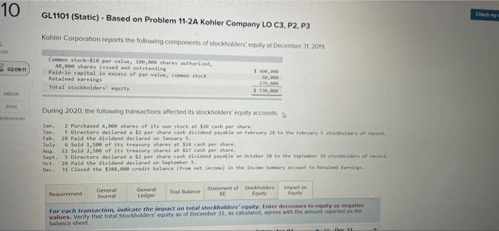  10 GL 1101 (Static). Based on Problem 11-2A Kohler Company LO