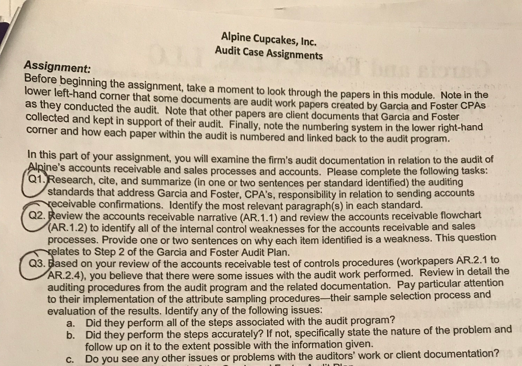 Answer question 3 Alpine Cupcakes, Inc. AR TOC Memo Audit Year December