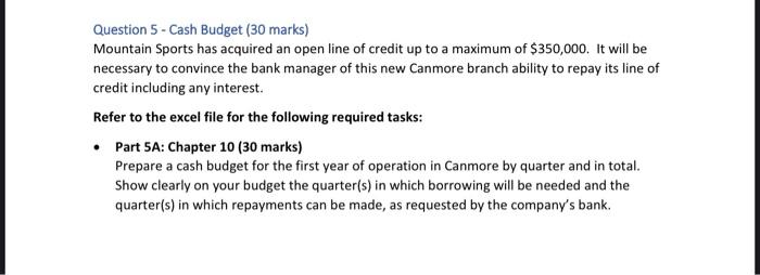Cash Budget (30 marks) Mountain Sports has aquired an open line of
