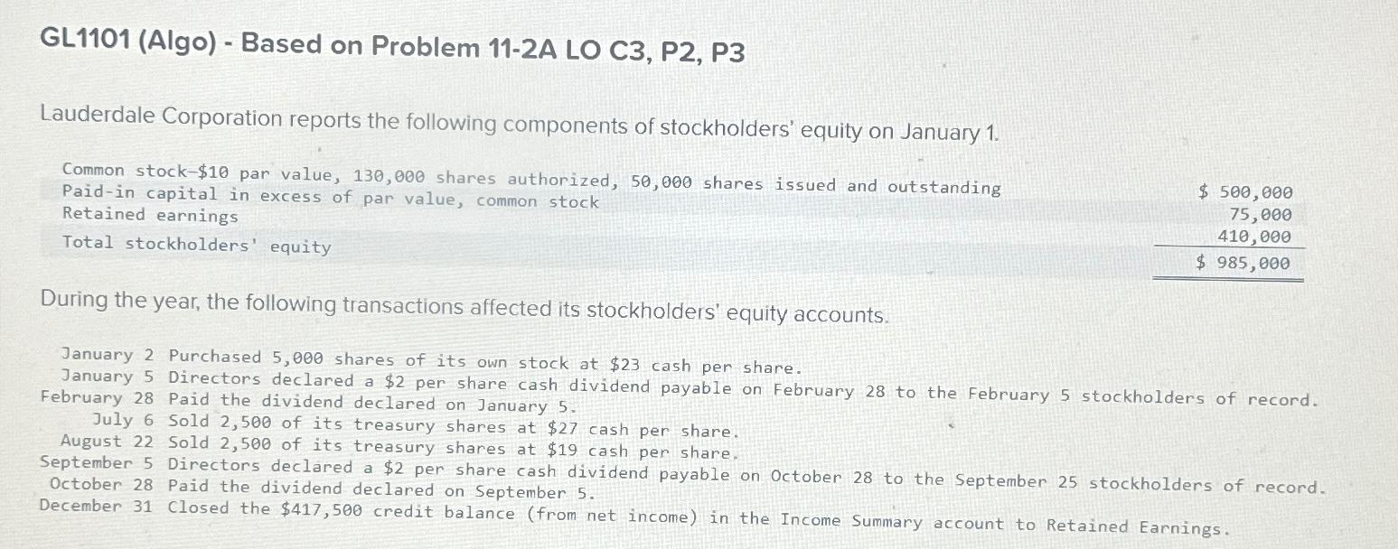  GL1101(Algo)- Based on Problem 11-2A LO C3, P2, P3 Lauderdale Corporation