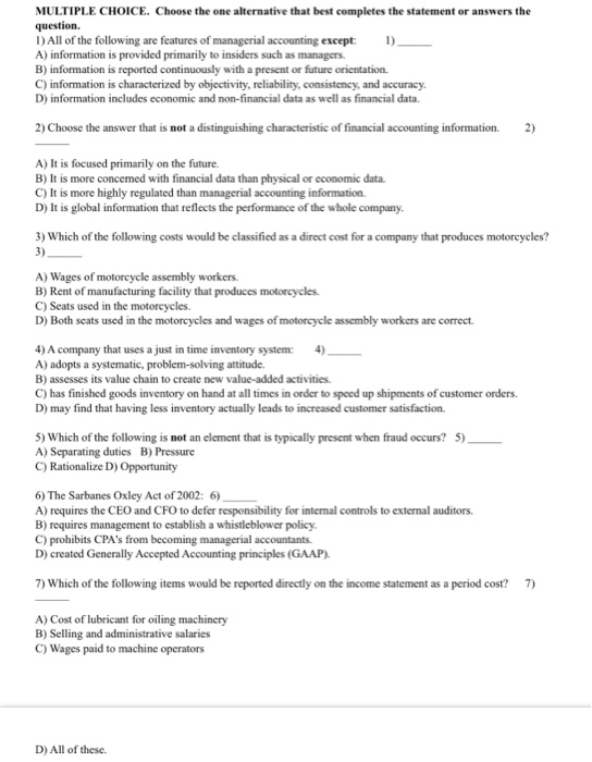  MULTIPLE CHOICE. Choose the one alternative that best completes the statement