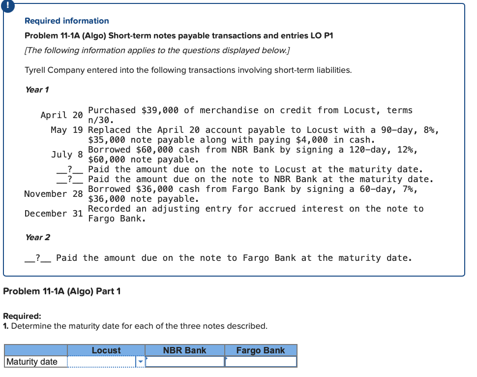  Required information Problem 11-1A (Algo) Short-term notes payable transactions and entries