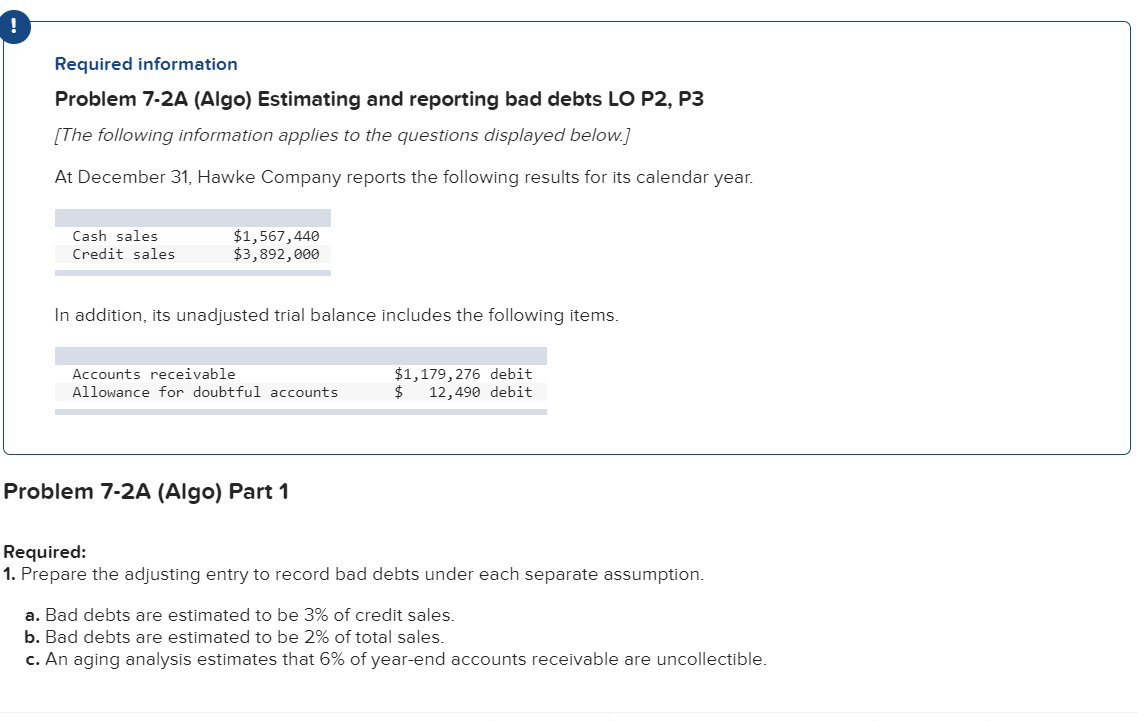  ! Required information Problem 7-2A (Algo) Estimating and reporting bad debts