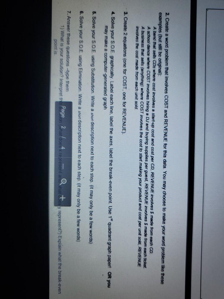  2. Create a word problem that involves COST and REVENUE for