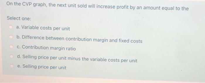  On the CVP graph, the next unit sold will increase profit