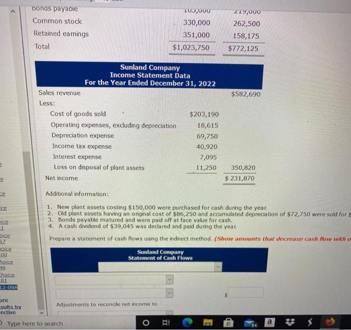 12-09A Condensed financial data of Sunland Company follow. Sunland Company Comparative Balance
