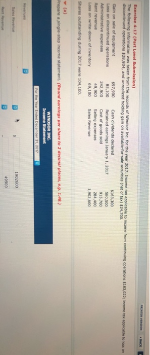  ENTER VERESON BACK I Exercise 4-17 (Part Level Submission) The following
