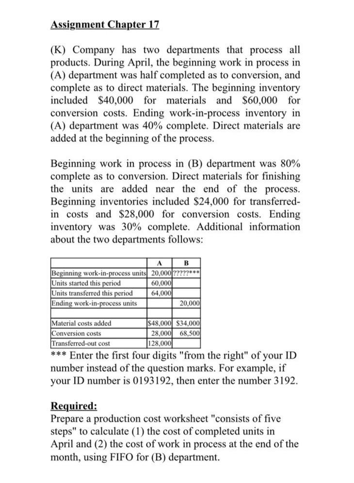 The number is *** 5921 Assignment Chapter 17 (K) Company has