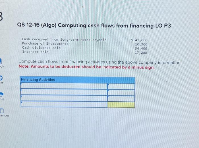 Please solve QS 1216 (Algo) Computing cash flows from financing LO P3