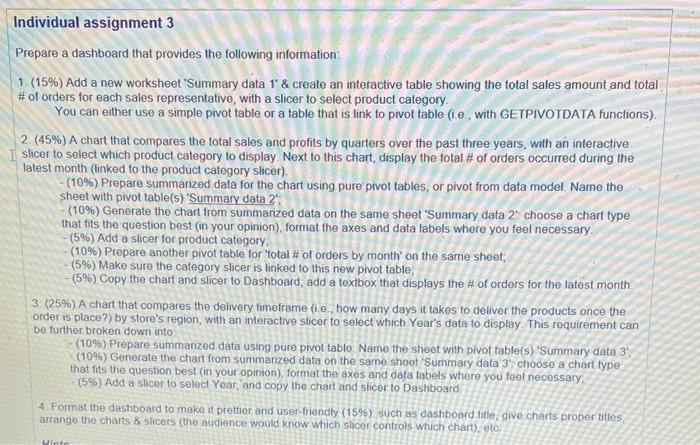  a Individual assignment 3 Prepare a dashboard that provides the following