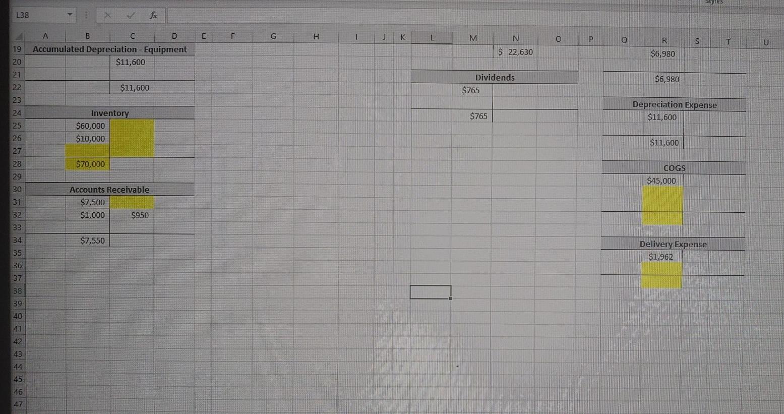 Taccounts, trial balance, and 8 statements highlighted in yellow. Only excel functions