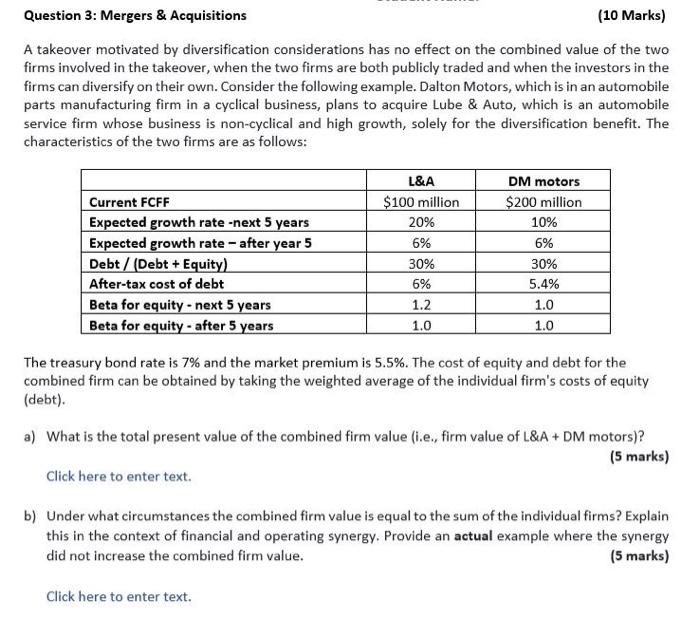 please show all working Question 3: Mergers & Acquisitions (10 Marks) A