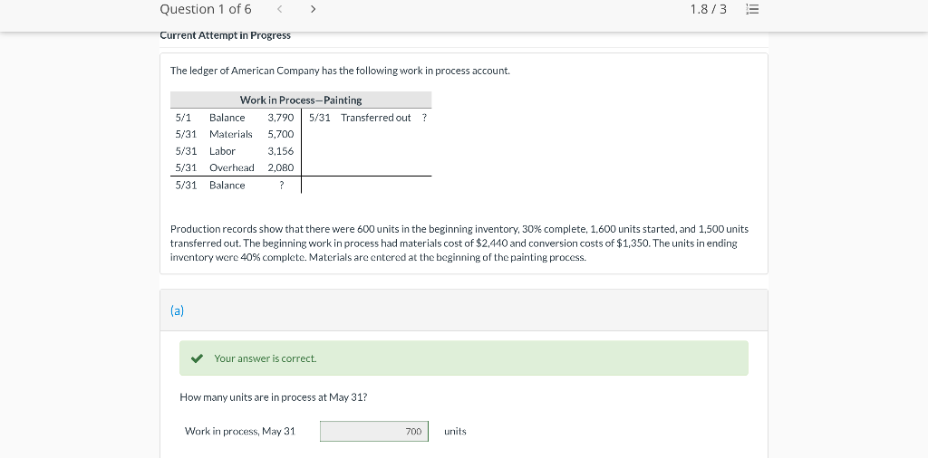 Question 1 of 6 1.8/3 E (b) Your answer is correct.