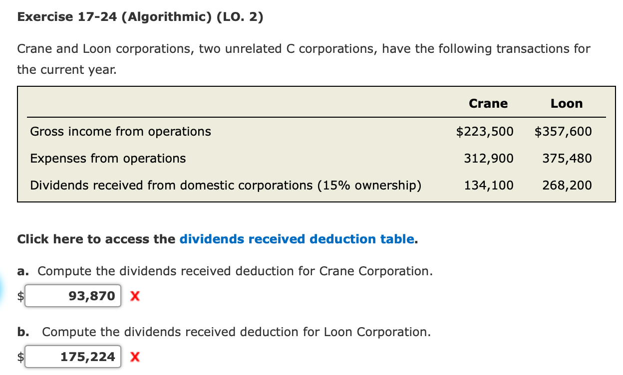  Exercise 17-24 (Algorithmic) (LO. 2) Crane and Loon corporations, two unrelated