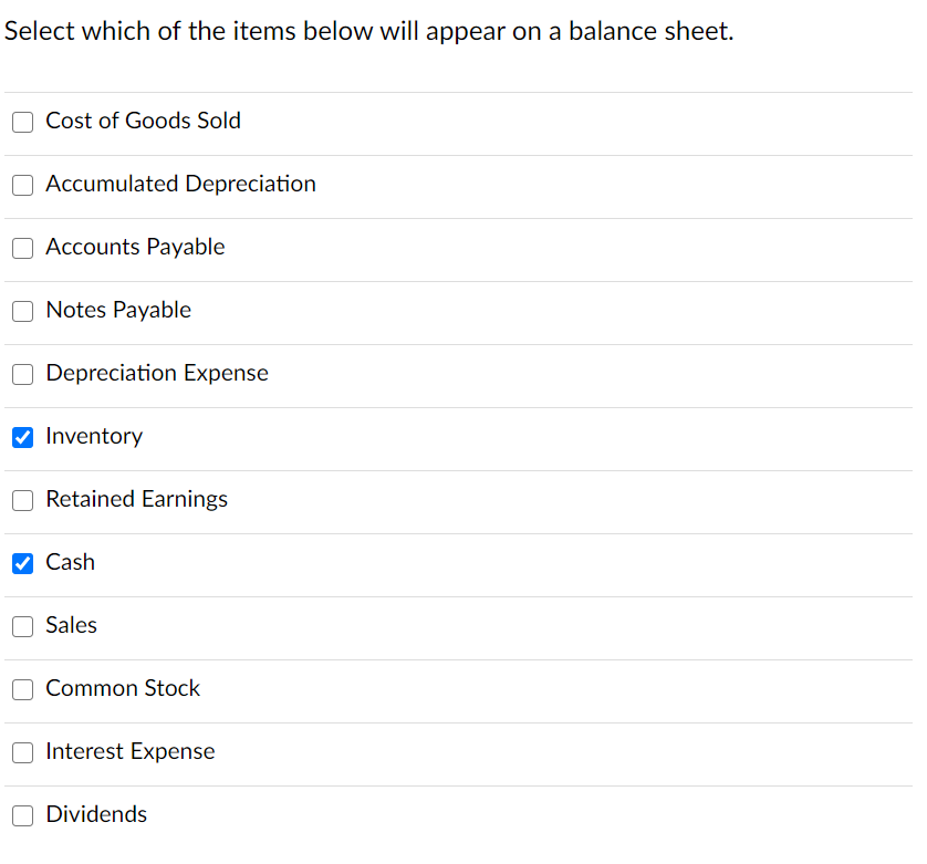  Select which of the items below will appear on a balance