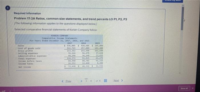 Please help asasp, thanks! Required Information Problem 17-2A Ratios, common-size statements, and