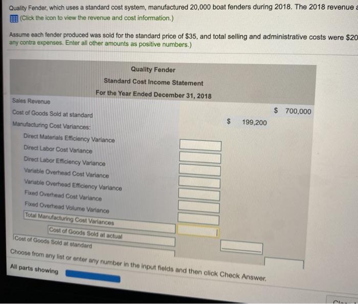  please answer all blanks Quality Fender, which uses a standard cost