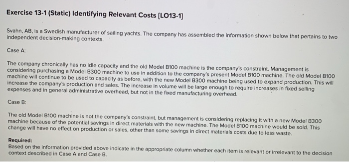  Exercise 13-1 (Static) Identifying Relevant Costs [LO13-1) Svahn, AB, is a
