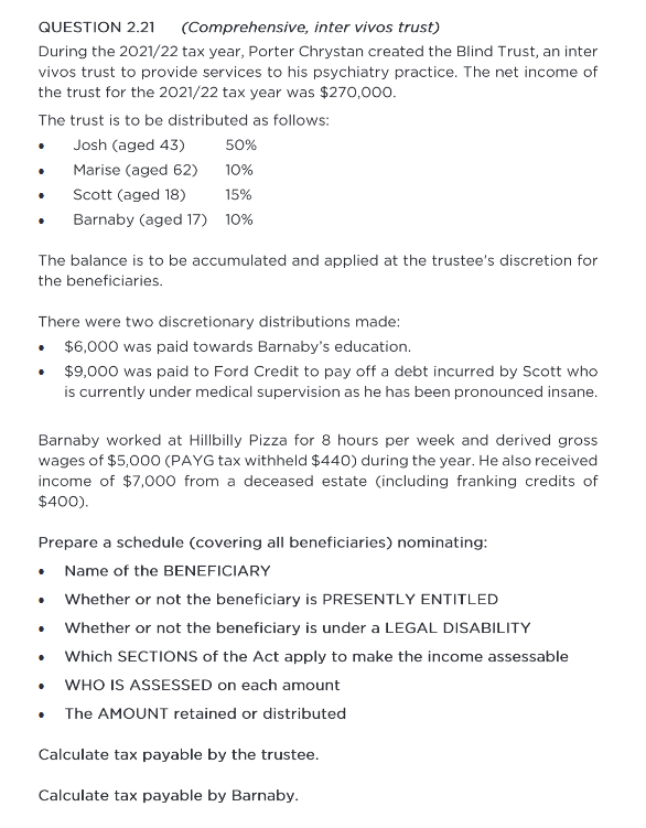  QUESTION 2.21(Comprehensive, inter vivos trust) During the 2021/22 tax year, Porter