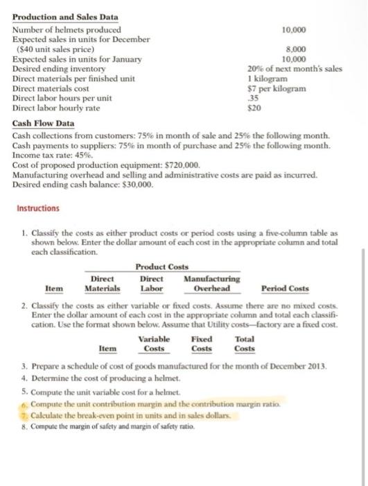 the unit contribution margin and the contribution margin ratio. 7. Calculate the
