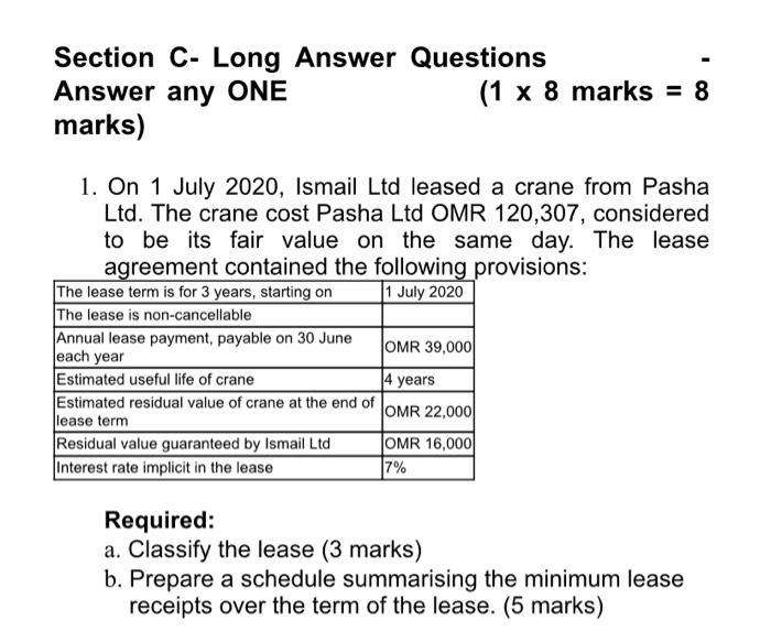  Section C- Long Answer Questions Answer any ONE (1 x 8