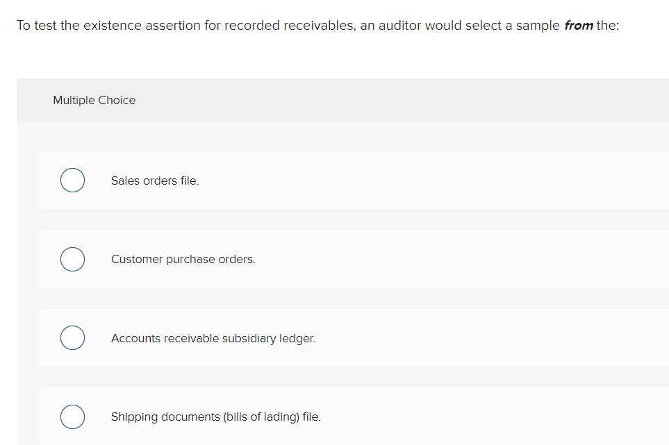  To test the existence assertion for recorded receivables, an auditor would