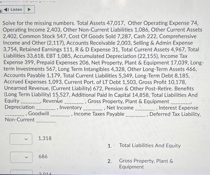  Listen Solve for the missing numbers. Total Assets 47,017, Other Operating