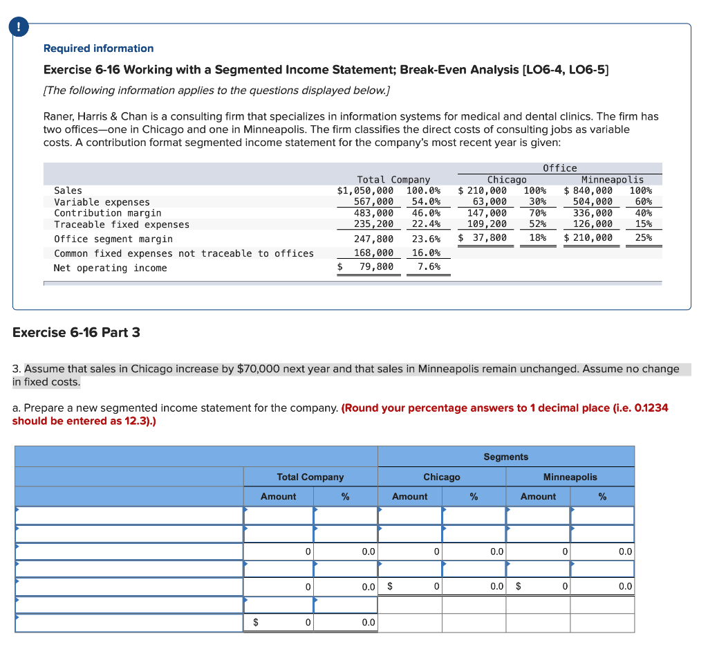  Required information Exercise 6-16 Working with a Segmented Income Statement; Break-Even