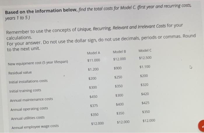  Based on the information below, find the total costs for Model