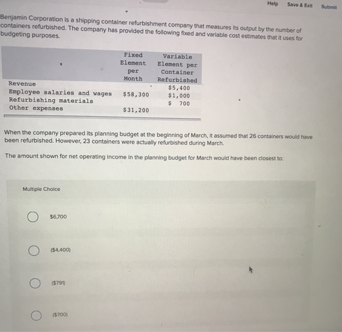  Help Save & Exit Submit Benjamin Corporation is a shipping container