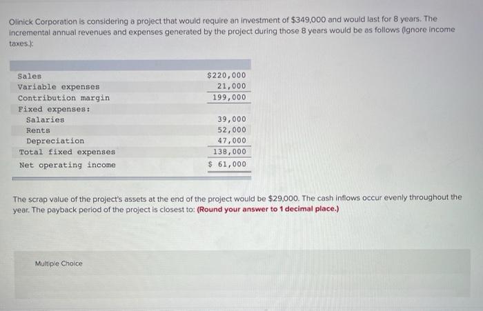  Olinick Corporation is considering a project that would require an investment