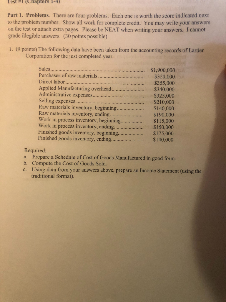  Test (Chapters 1+) Part 1. Problems. There are four problems. Each